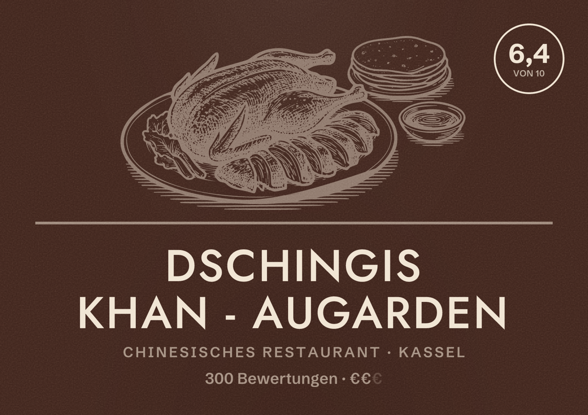 Illustriertes Poster von Dschingis Khan - Augarden, Chinesisches Restaurant in Kassel: Bewertung 6,4 von 10 aus 300 Bewertungen, Preisniveau €€