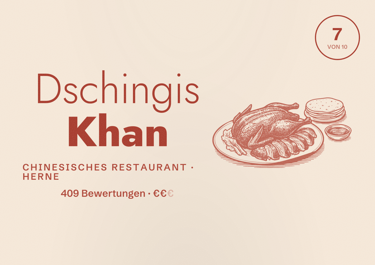 Illustriertes Poster von Dschingis Khan, Chinesisches Restaurant in Herne: Bewertung 7 von 10 aus 409 Bewertungen, Preisniveau €€