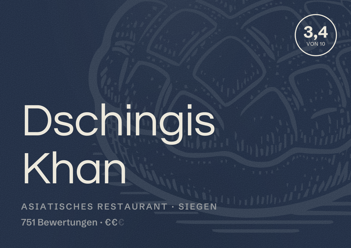 Illustriertes Poster von Dschingis Khan, Asiatisches Restaurant in Siegen: Bewertung 3,4 von 10 aus 751 Bewertungen, Preisniveau €€