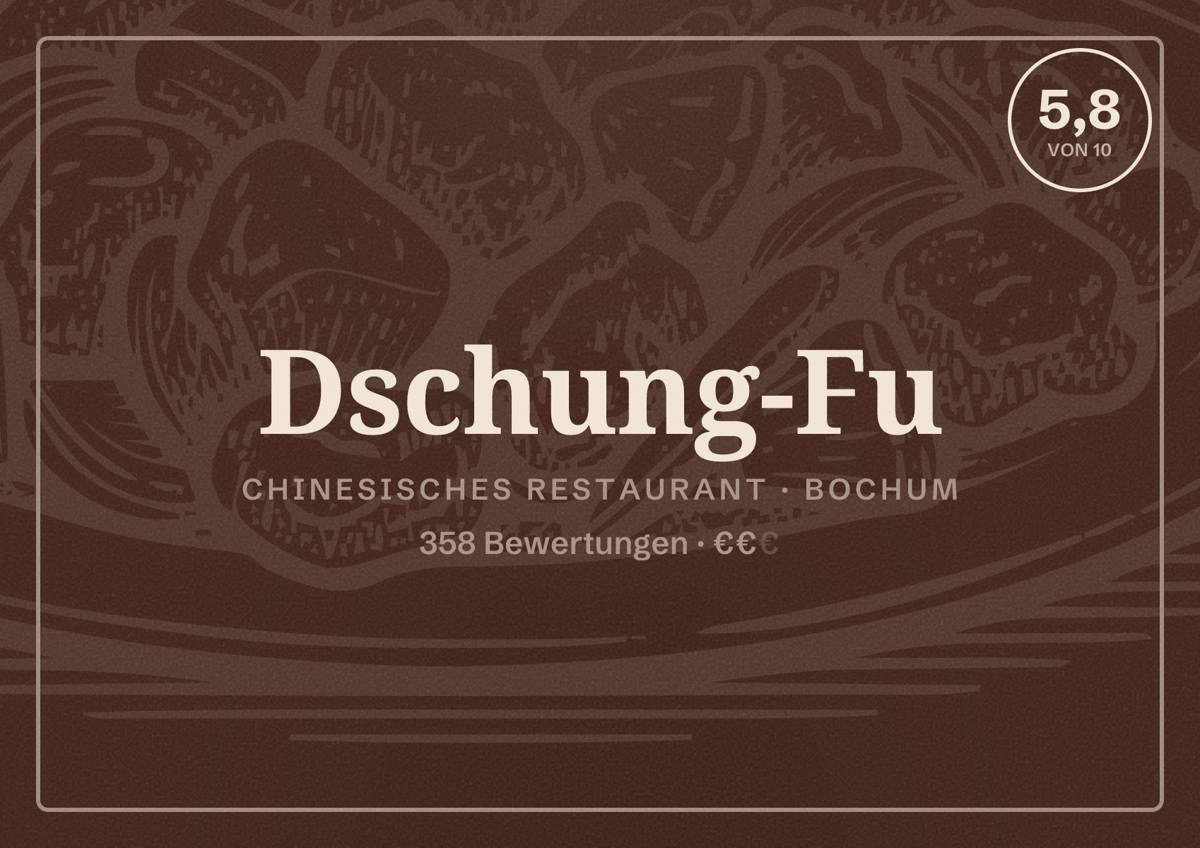 Illustriertes Poster von Dschung-Fu, Chinesisches Restaurant in Bochum: Bewertung 5,8 von 10 aus 358 Bewertungen, Preisniveau €€