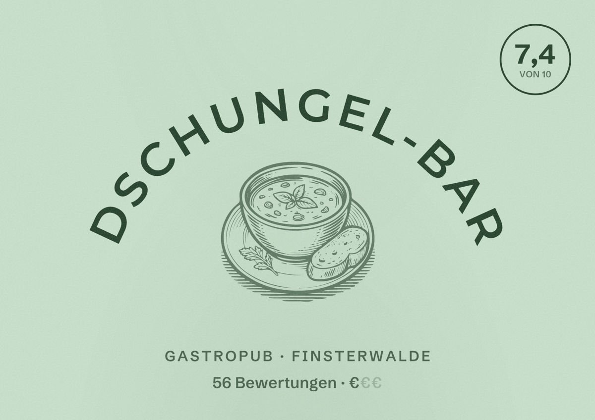 Illustriertes Poster von Dschungel-Bar, Gastropub in Finsterwalde: Bewertung 7,4 von 10 aus 56 Bewertungen, Preisniveau €
