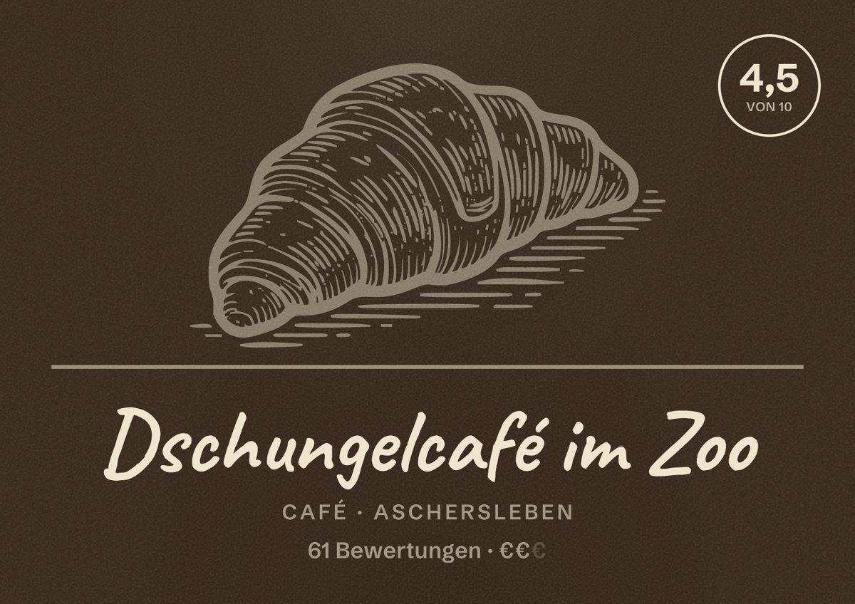 Illustriertes Poster von Dschungelcafé im Zoo, Café in Aschersleben: Bewertung 4,5 von 10 aus 61 Bewertungen, Preisniveau €€