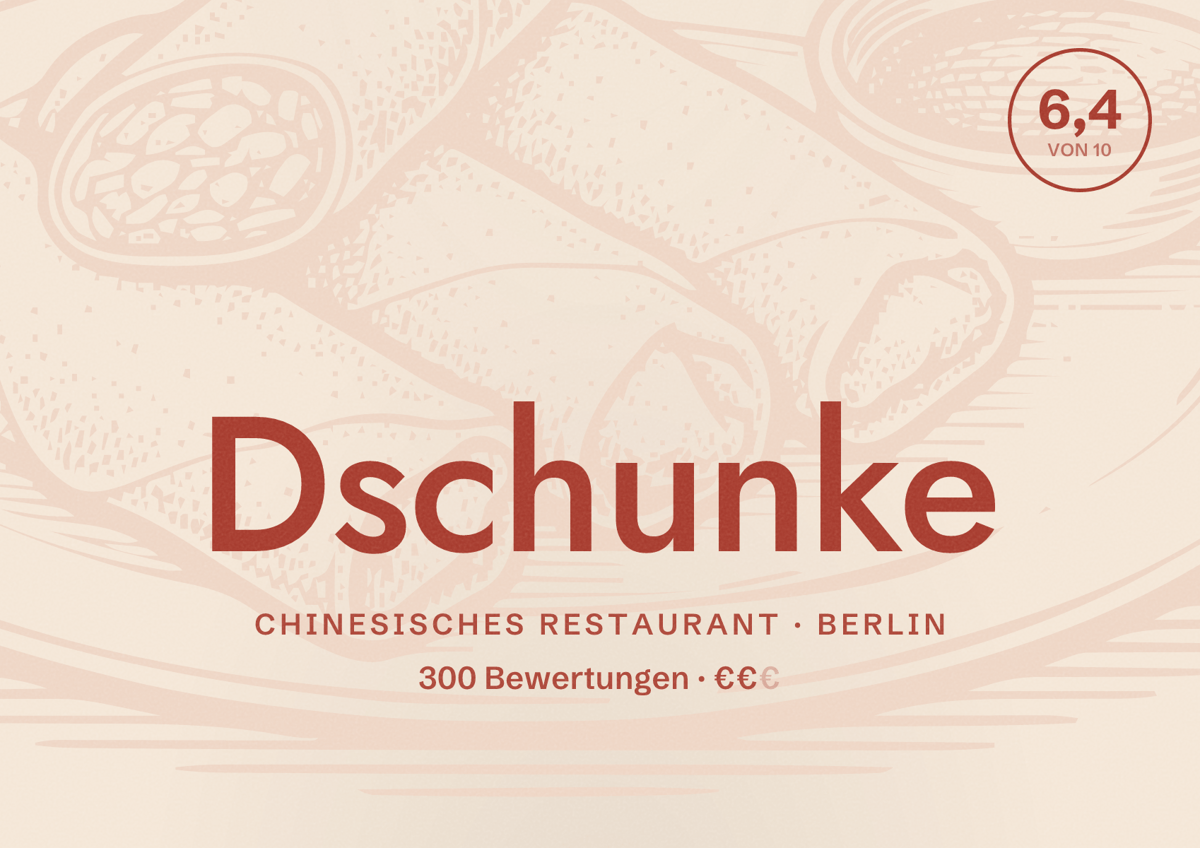 Illustriertes Poster von Dschunke, Chinesisches Restaurant in Berlin: Bewertung 6,4 von 10 aus 300 Bewertungen, Preisniveau €€