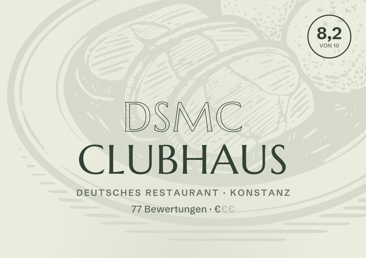 Illustriertes Poster von DSMC Clubhaus, Deutsches Restaurant in Konstanz: Bewertung 8,2 von 10 aus 77 Bewertungen, Preisniveau €