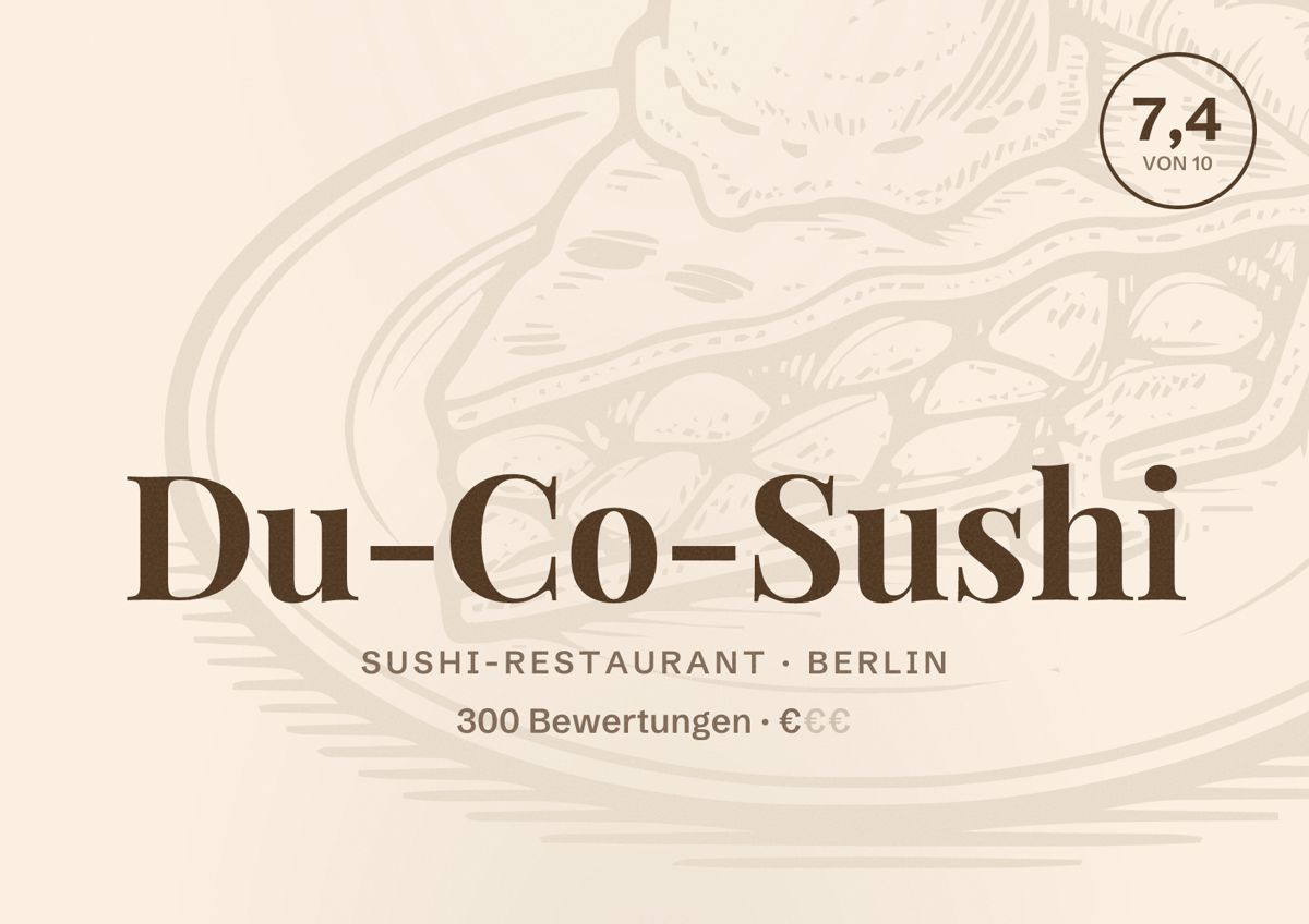 Illustriertes Poster von Du-Co-Sushi, Sushi-Restaurant in Berlin: Bewertung 7,4 von 10 aus 300 Bewertungen, Preisniveau €