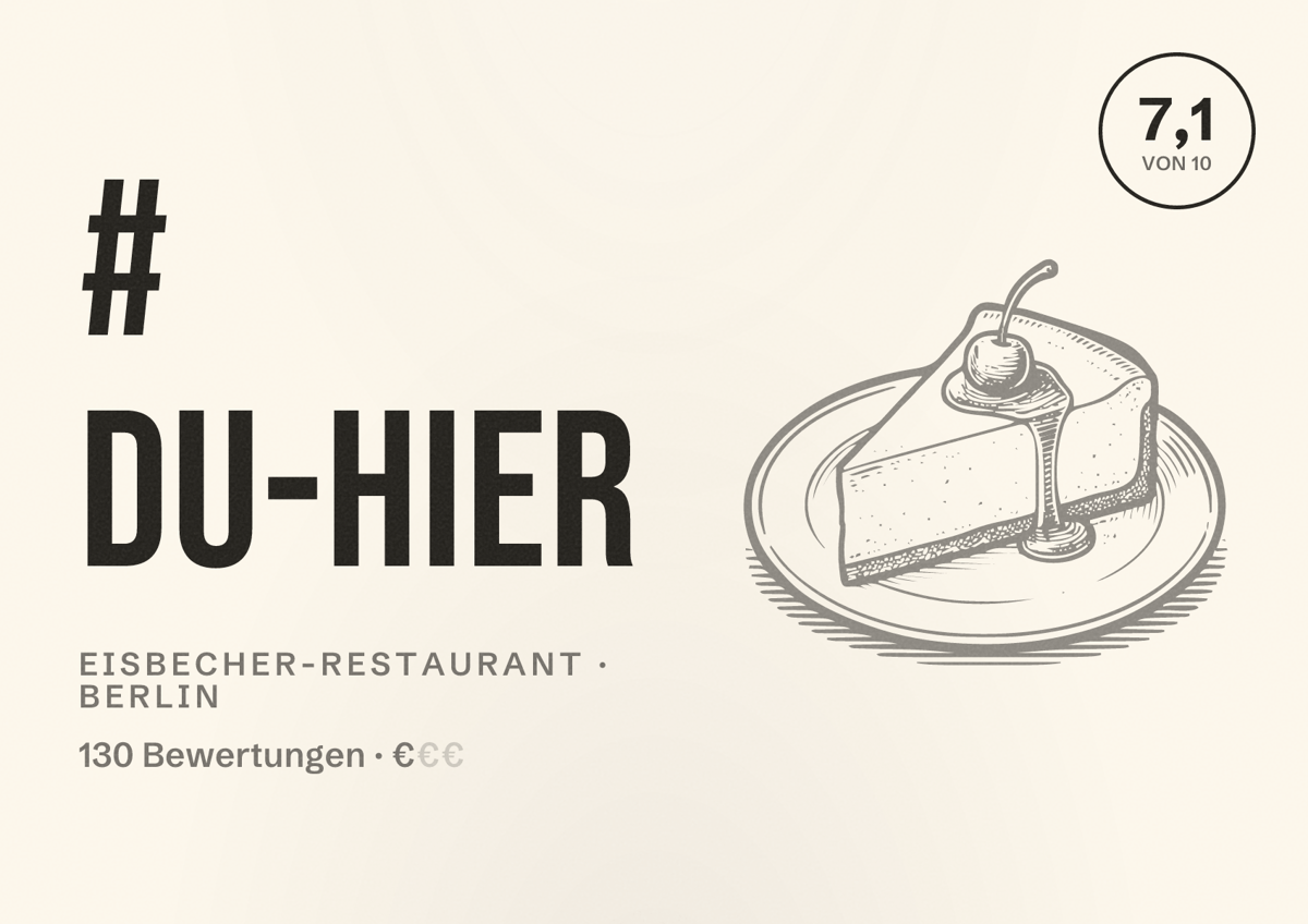 Illustriertes Poster von # du-hier, Eisbecher-Restaurant in Berlin: Bewertung 7,1 von 10 aus 130 Bewertungen, Preisniveau €
