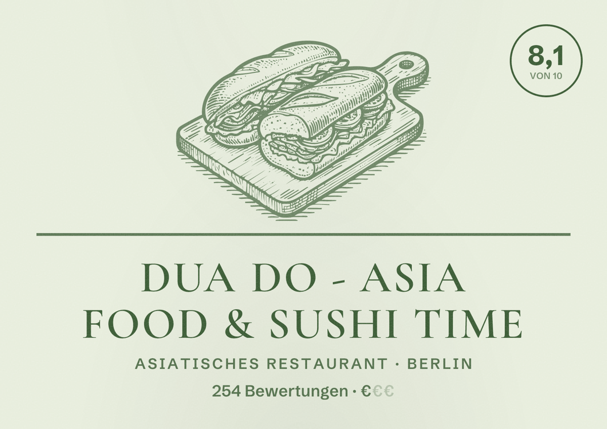 Illustriertes Poster von Dua do - Asia Food & Sushi Time, Asiatisches Restaurant in Berlin: Bewertung 8,1 von 10 aus 254 Bewertungen, Preisniveau €