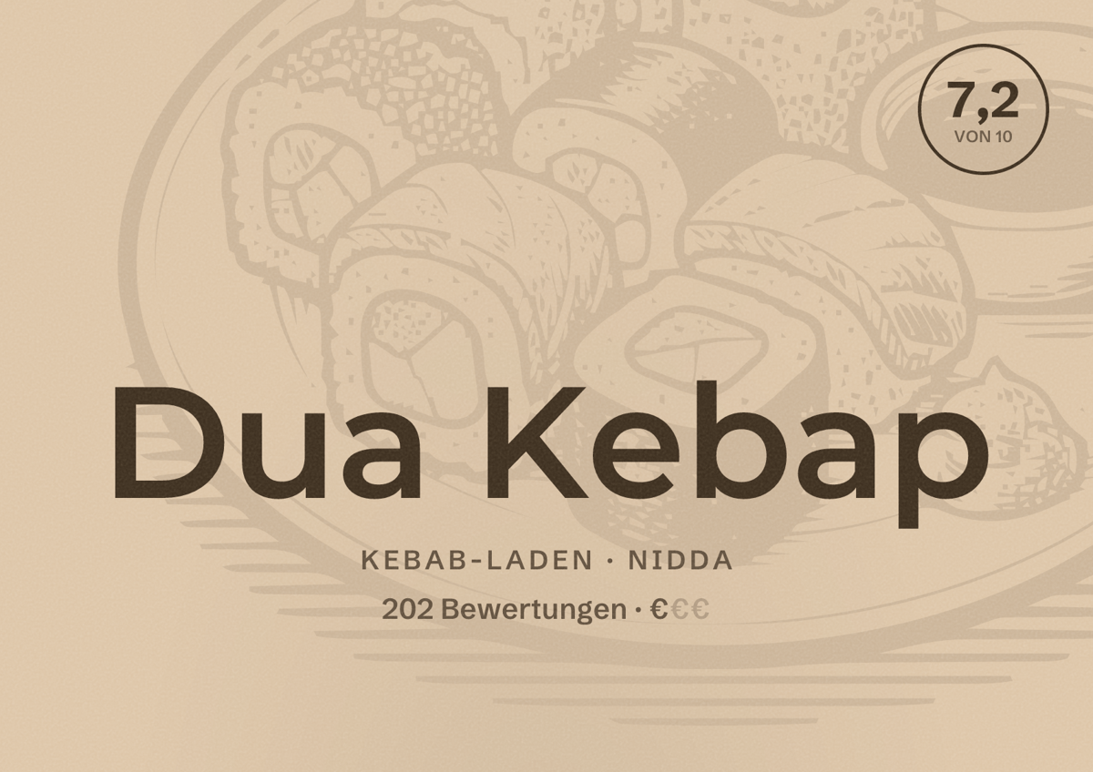 Illustriertes Poster von Dua Kebap, Kebab-Laden in Nidda: Bewertung 7,2 von 10 aus 202 Bewertungen, Preisniveau €