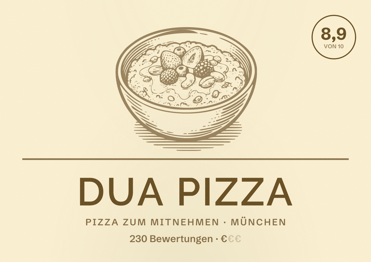 Illustriertes Poster von Dua Pizza, Pizza zum Mitnehmen in München: Bewertung 8,9 von 10 aus 230 Bewertungen, Preisniveau €