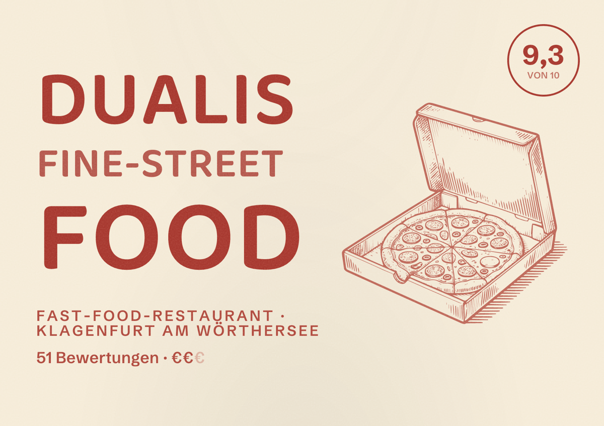 Illustriertes Poster von Dualis Fine-Street Food, Fast-Food-Restaurant in Klagenfurt am Wörthersee: Bewertung 9,3 von 10 aus 51 Bewertungen, Preisniveau €€