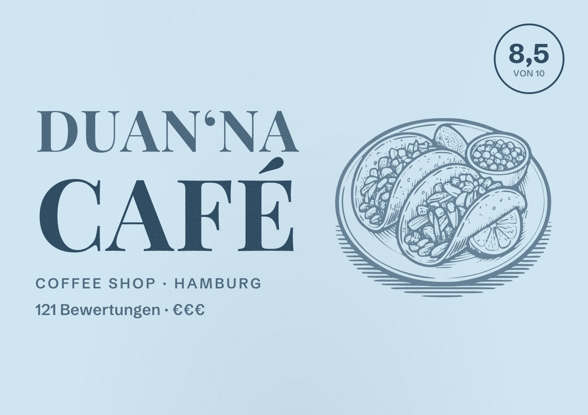 Illustriertes Poster von Duan‘na Café, Coffee Shop in Hamburg: Bewertung 8,5 von 10 aus 121 Bewertungen, Preisniveau €€€