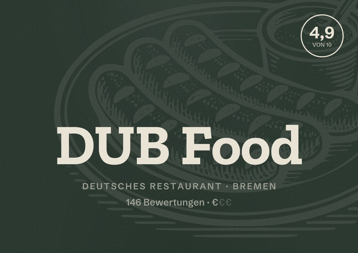 Illustriertes Poster von DUB Food, Deutsches Restaurant in Bremen: Bewertung 4,9 von 10 aus 146 Bewertungen, Preisniveau €