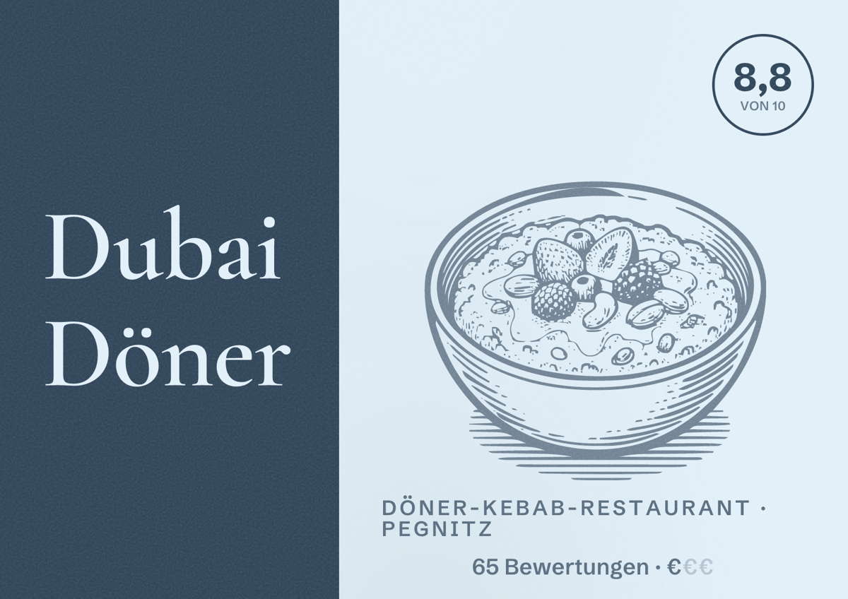 Illustriertes Poster von Dubai Döner, Döner-Kebab-Restaurant in Pegnitz: Bewertung 8,8 von 10 aus 65 Bewertungen, Preisniveau €