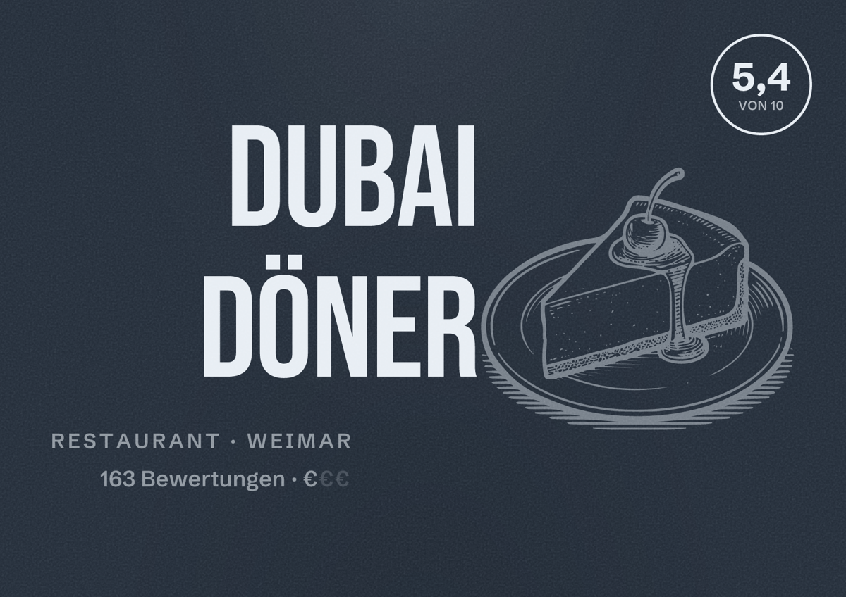 Illustriertes Poster von Dubai Döner, Restaurant in Weimar: Bewertung 5,4 von 10 aus 163 Bewertungen, Preisniveau €