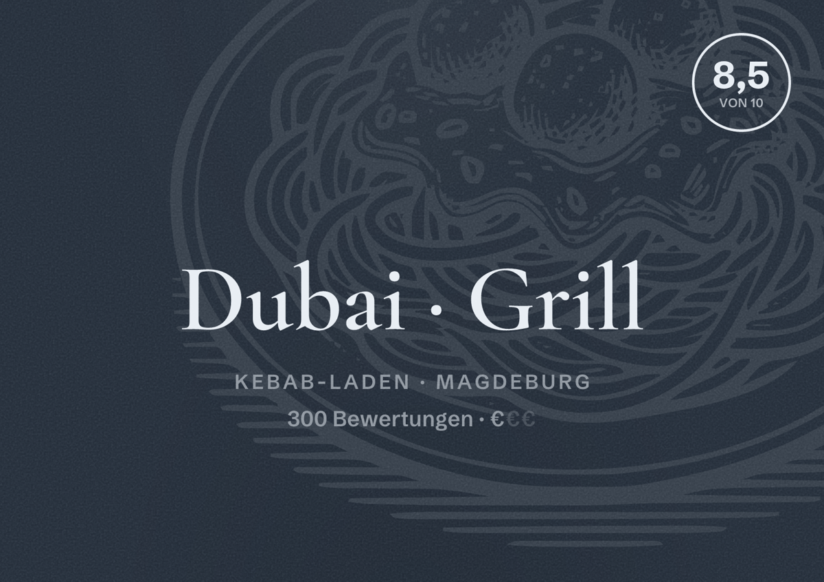 Illustriertes Poster von Dubai Grill, Kebab-Laden in Magdeburg: Bewertung 8,5 von 10 aus 300 Bewertungen, Preisniveau €