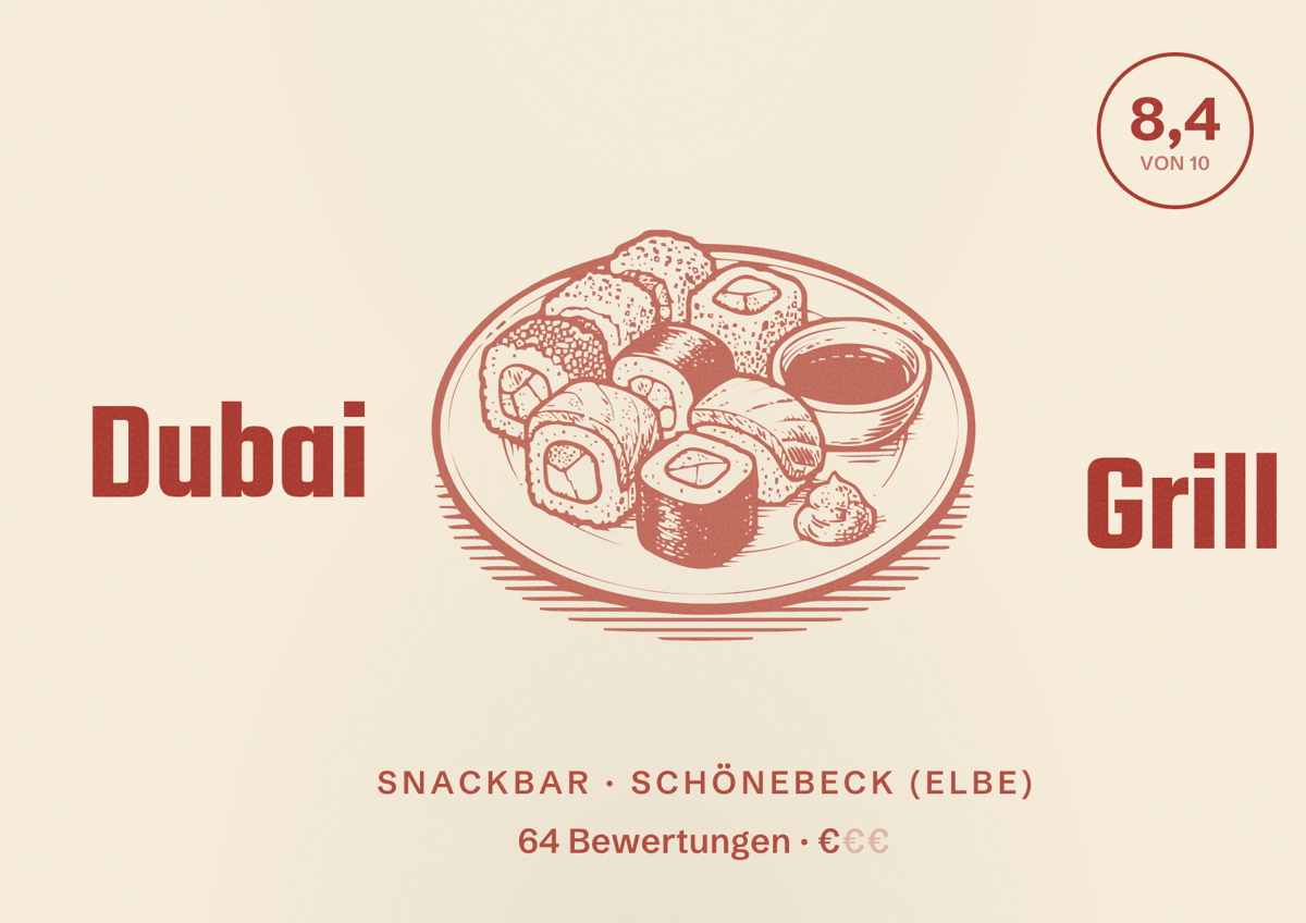 Illustriertes Poster von Dubai Grill, Snackbar in Schönebeck (Elbe): Bewertung 8,4 von 10 aus 64 Bewertungen, Preisniveau €