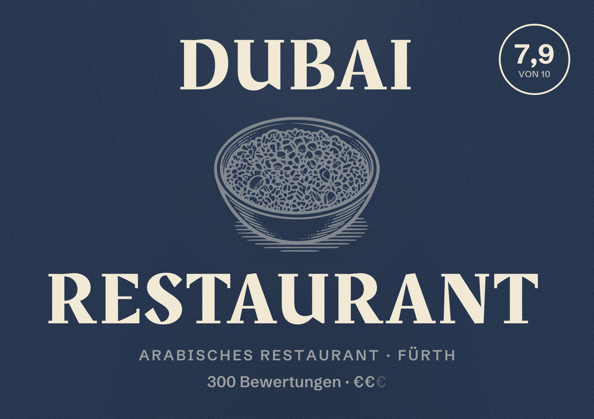 Illustriertes Poster von Dubai Restaurant, Arabisches Restaurant in Fürth: Bewertung 7,9 von 10 aus 300 Bewertungen, Preisniveau €€