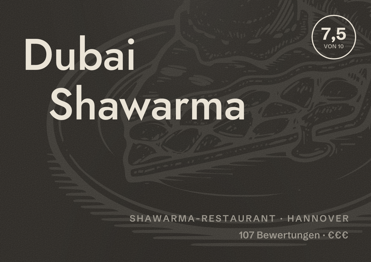 Illustriertes Poster von Dubai Shawarma, Shawarma-Restaurant in Hannover: Bewertung 7,5 von 10 aus 107 Bewertungen, Preisniveau €€€