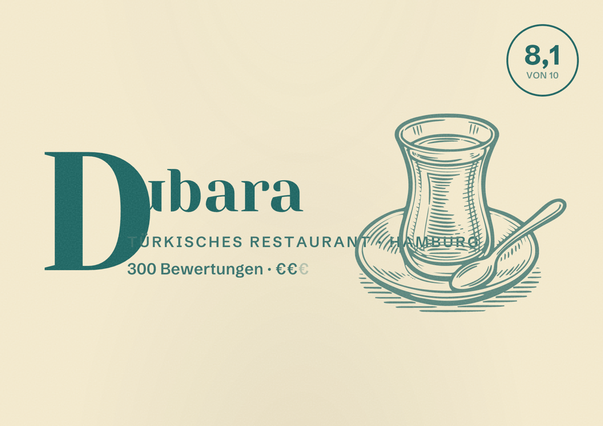 Illustriertes Poster von Dubara, Türkisches Restaurant in Hamburg: Bewertung 8,1 von 10 aus 300 Bewertungen, Preisniveau €€