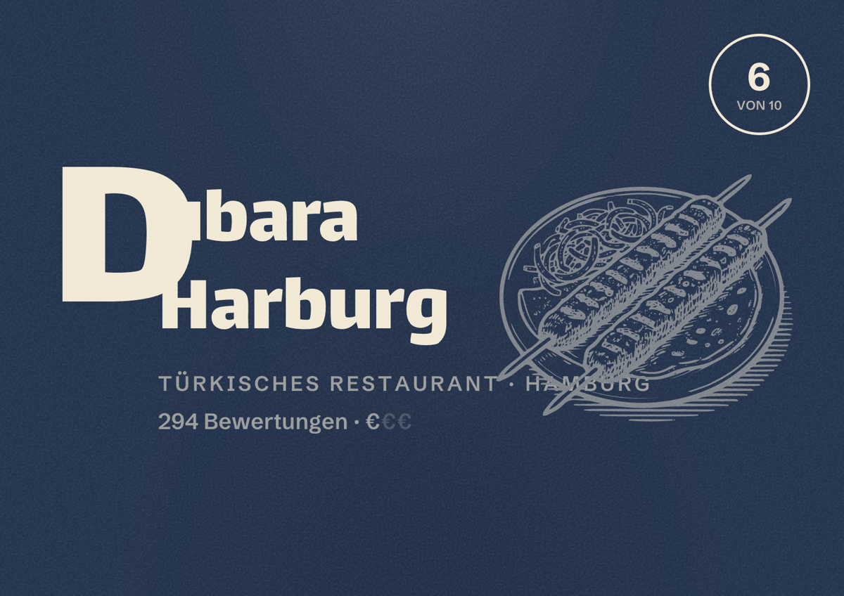 Illustriertes Poster von Dubara Harburg, Türkisches Restaurant in Hamburg: Bewertung 6,0 von 10 aus 294 Bewertungen, Preisniveau €