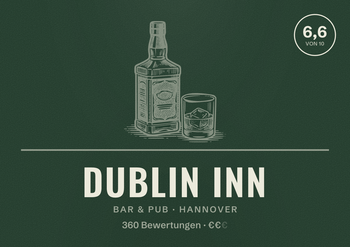 Illustriertes Poster von Dublin Inn, Bar & Pub in Hannover: Bewertung 6,6 von 10 aus 360 Bewertungen, Preisniveau €€