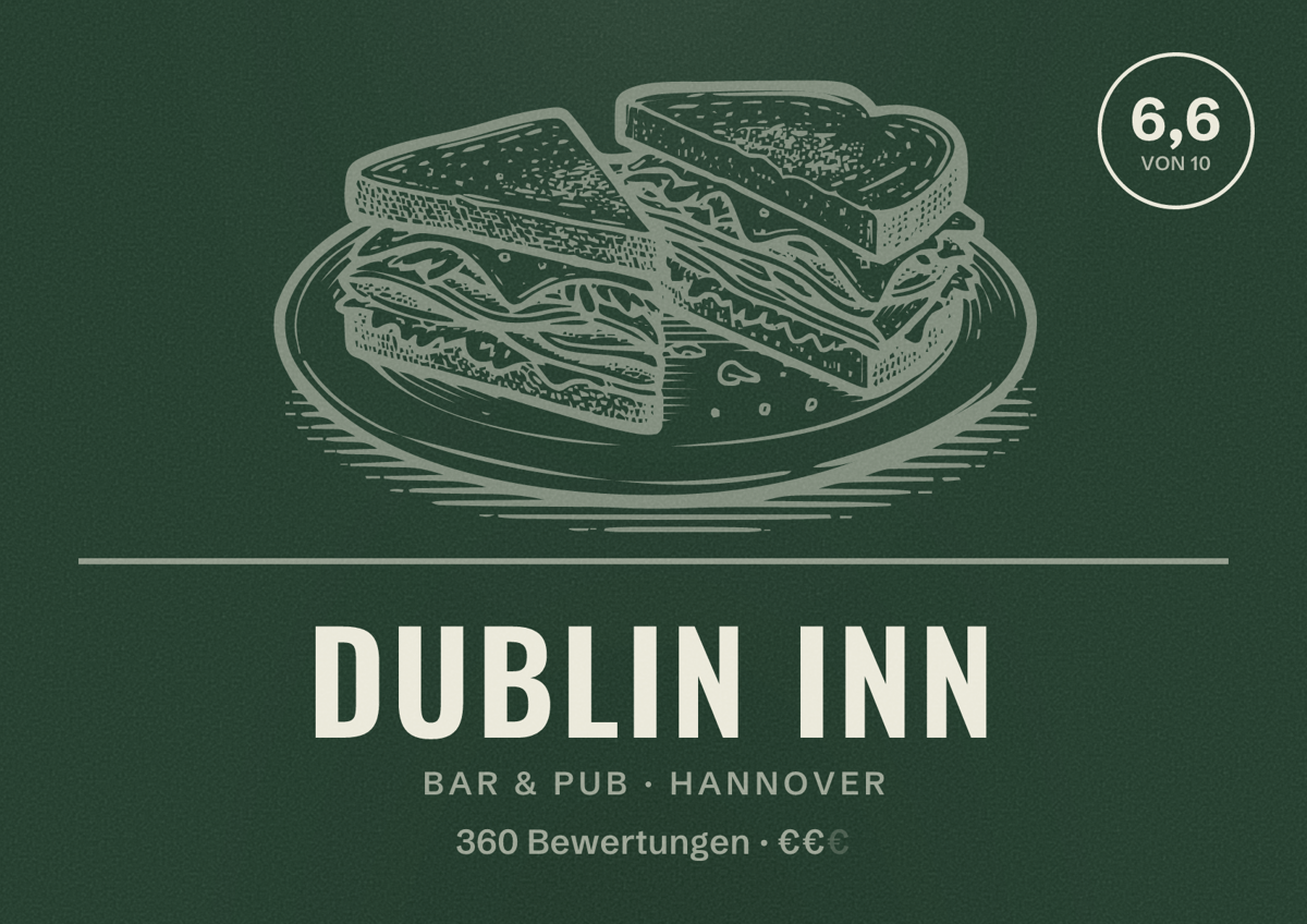 Illustriertes Poster von Dublin Inn, Bar & Pub in Hannover: Bewertung 6,6 von 10 aus 360 Bewertungen, Preisniveau €€
