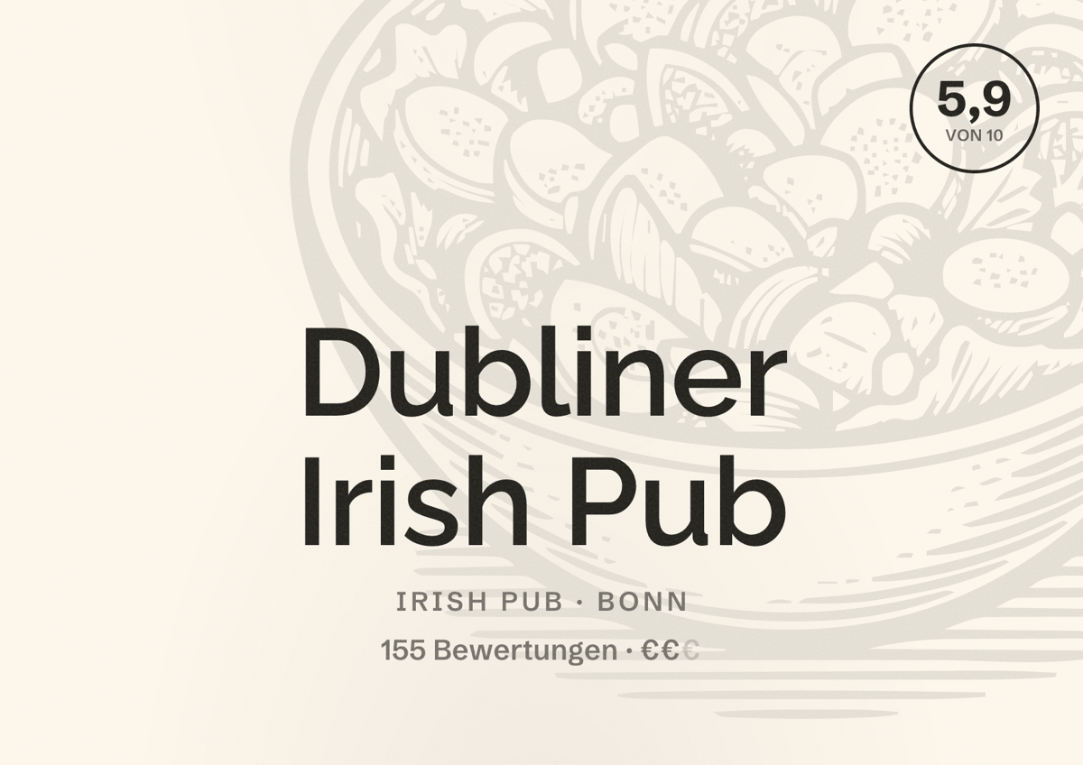 Illustriertes Poster von Dubliner Irish Pub, Irish Pub in Bonn: Bewertung 5,9 von 10 aus 155 Bewertungen, Preisniveau €€