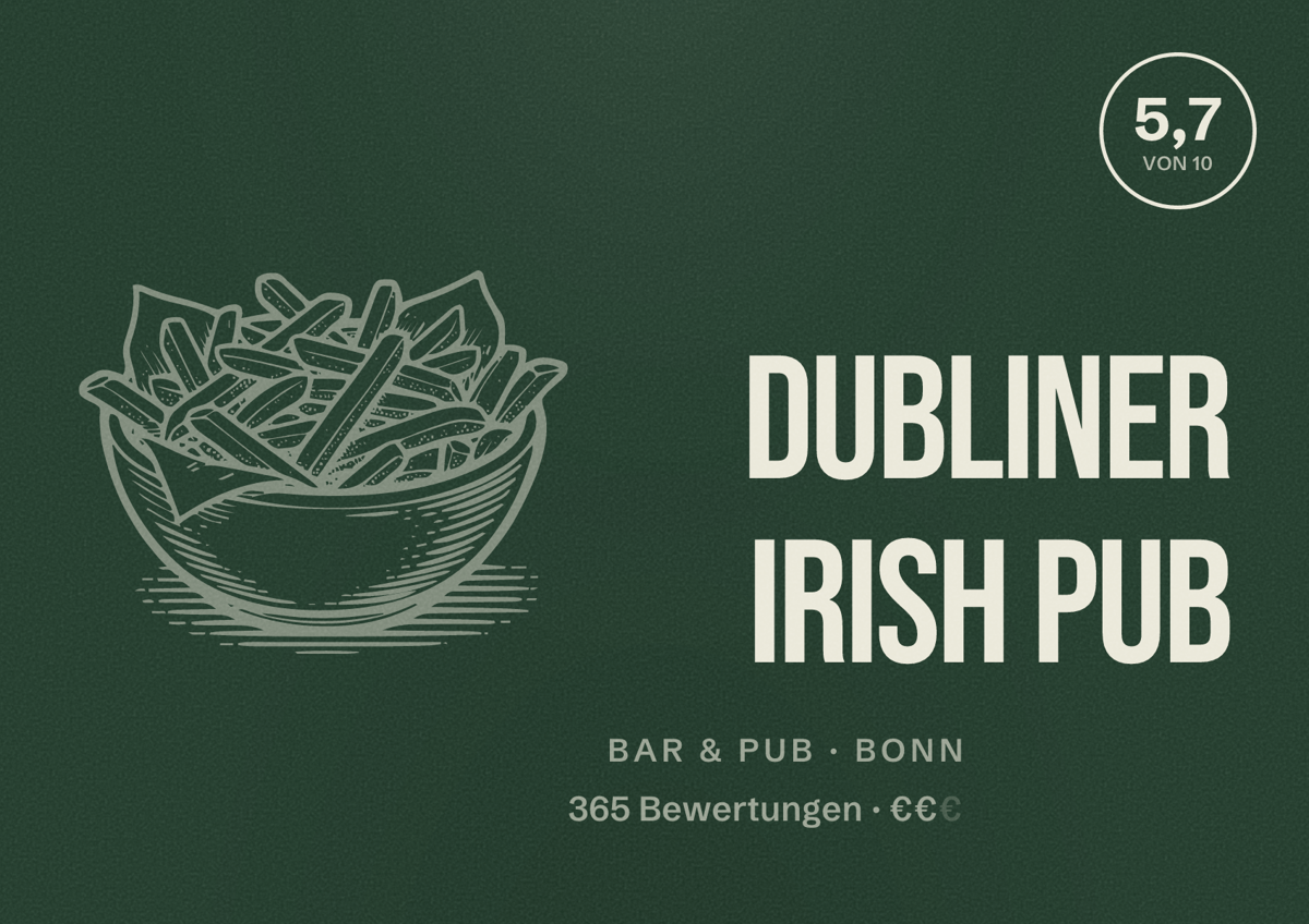 Illustriertes Poster von Dubliner Irish Pub, Bar & Pub in Bonn: Bewertung 5,7 von 10 aus 365 Bewertungen, Preisniveau €€
