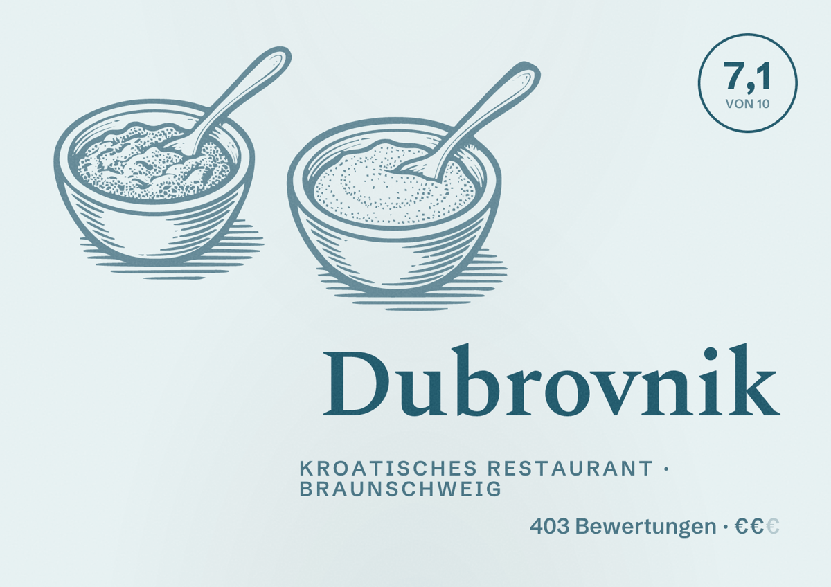 Illustriertes Poster von Dubrovnik, Kroatisches Restaurant in Braunschweig: Bewertung 7,1 von 10 aus 403 Bewertungen, Preisniveau €€