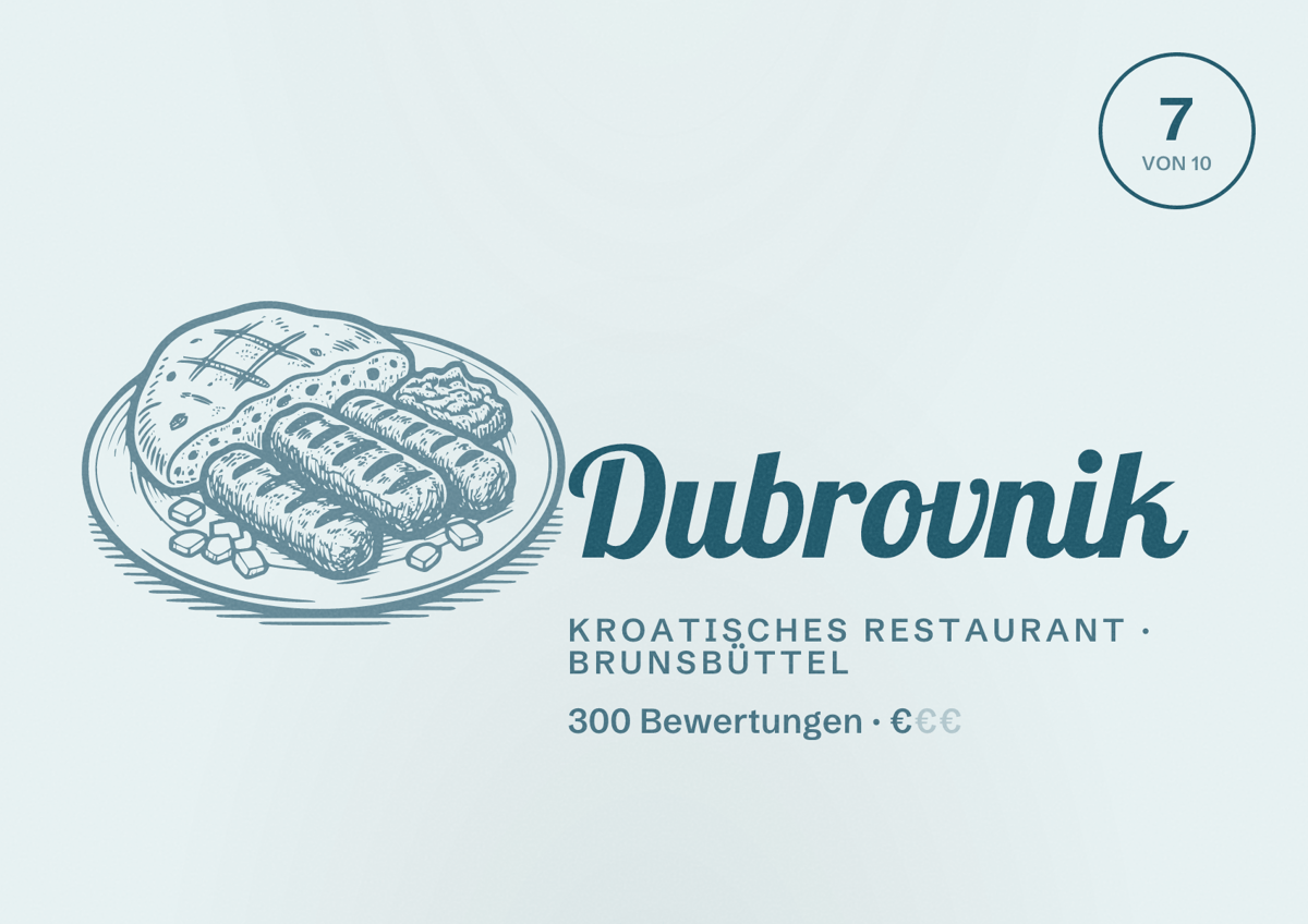 Illustriertes Poster von Dubrovnik, Kroatisches Restaurant in Brunsbüttel: Bewertung 7 von 10 aus 300 Bewertungen, Preisniveau €