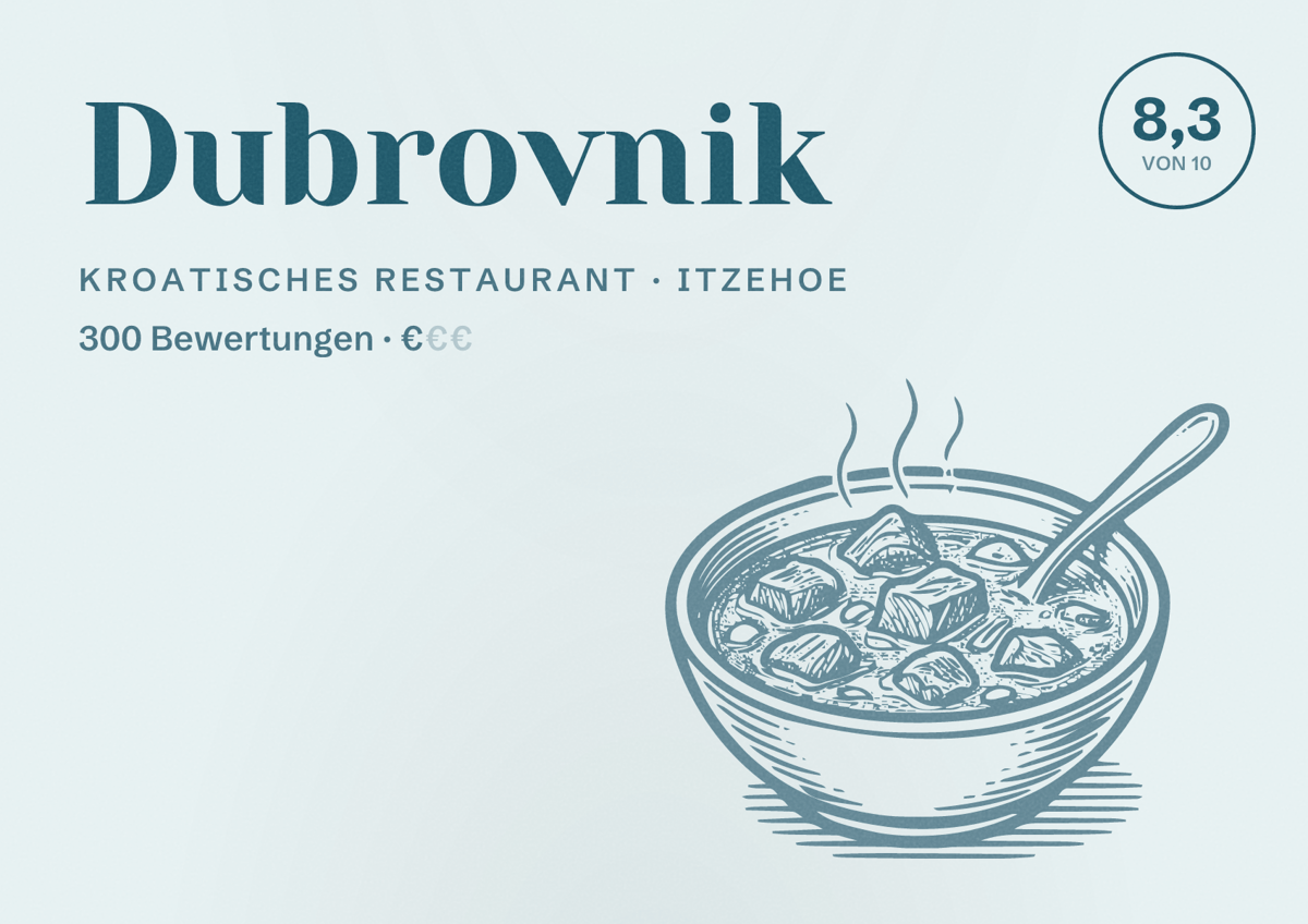 Illustriertes Poster von Dubrovnik, Kroatisches Restaurant in Itzehoe: Bewertung 8,3 von 10 aus 300 Bewertungen, Preisniveau €