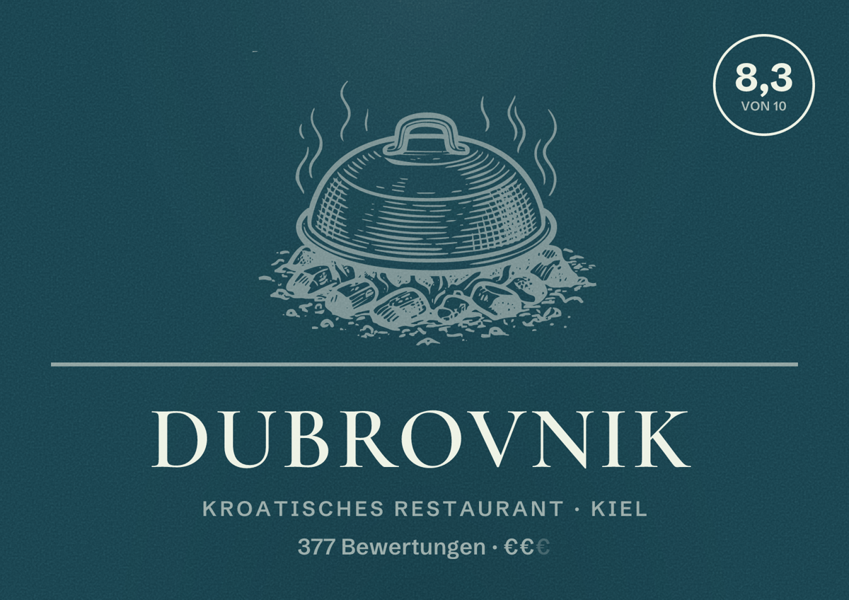 Illustriertes Poster von Dubrovnik, Kroatisches Restaurant in Kiel: Bewertung 8,3 von 10 aus 377 Bewertungen, Preisniveau €€