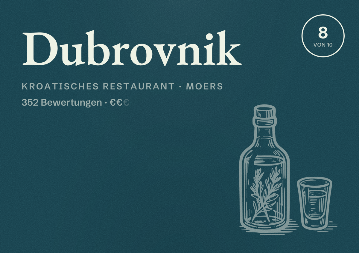 Illustriertes Poster von Dubrovnik, Kroatisches Restaurant in Moers: Bewertung 8 von 10 aus 352 Bewertungen, Preisniveau €€