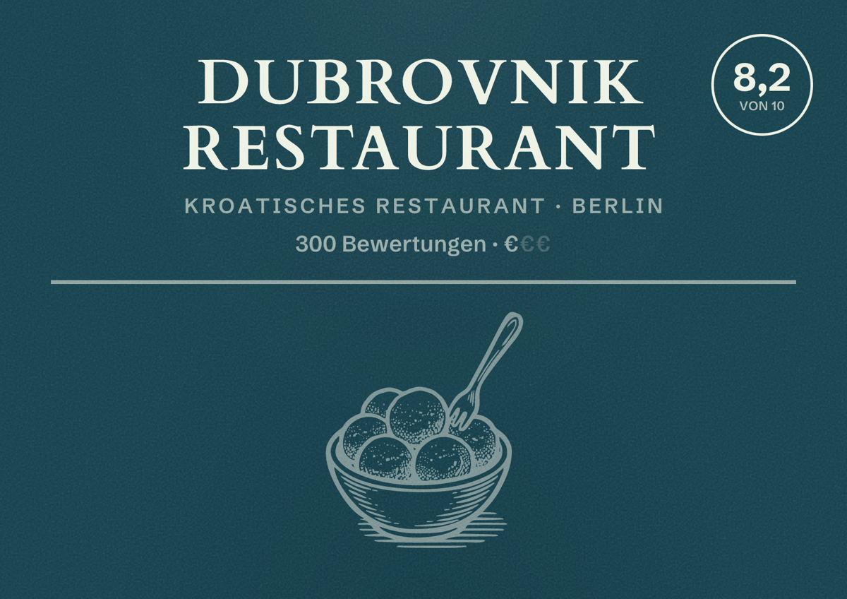 Illustriertes Poster von Dubrovnik Restaurant, Kroatisches Restaurant in Berlin: Bewertung 8,2 von 10 aus 300 Bewertungen, Preisniveau €