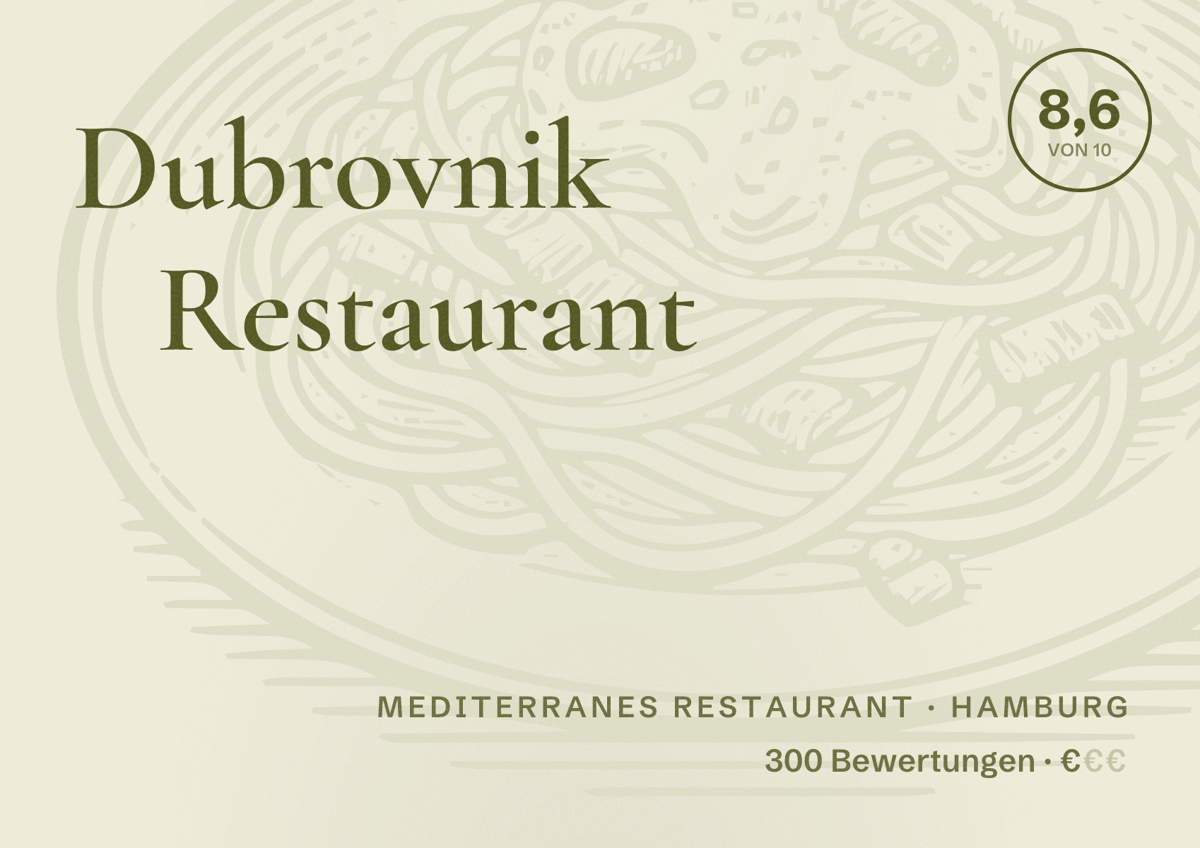 Illustriertes Poster von Dubrovnik Restaurant, Mediterranes Restaurant in Hamburg: Bewertung 8,6 von 10 aus 300 Bewertungen, Preisniveau €