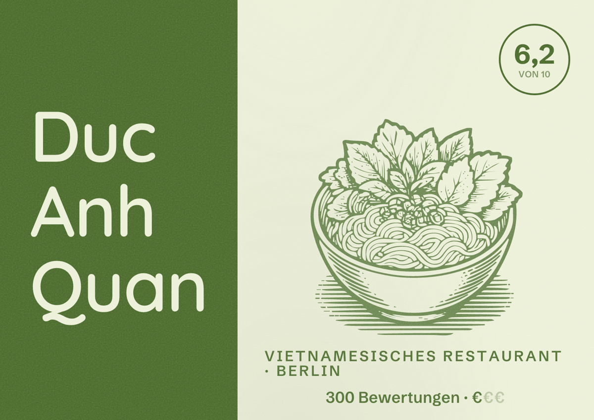 Illustriertes Poster von Duc Anh Quan, Vietnamesisches Restaurant in Berlin: Bewertung 6,2 von 10 aus 300 Bewertungen, Preisniveau €