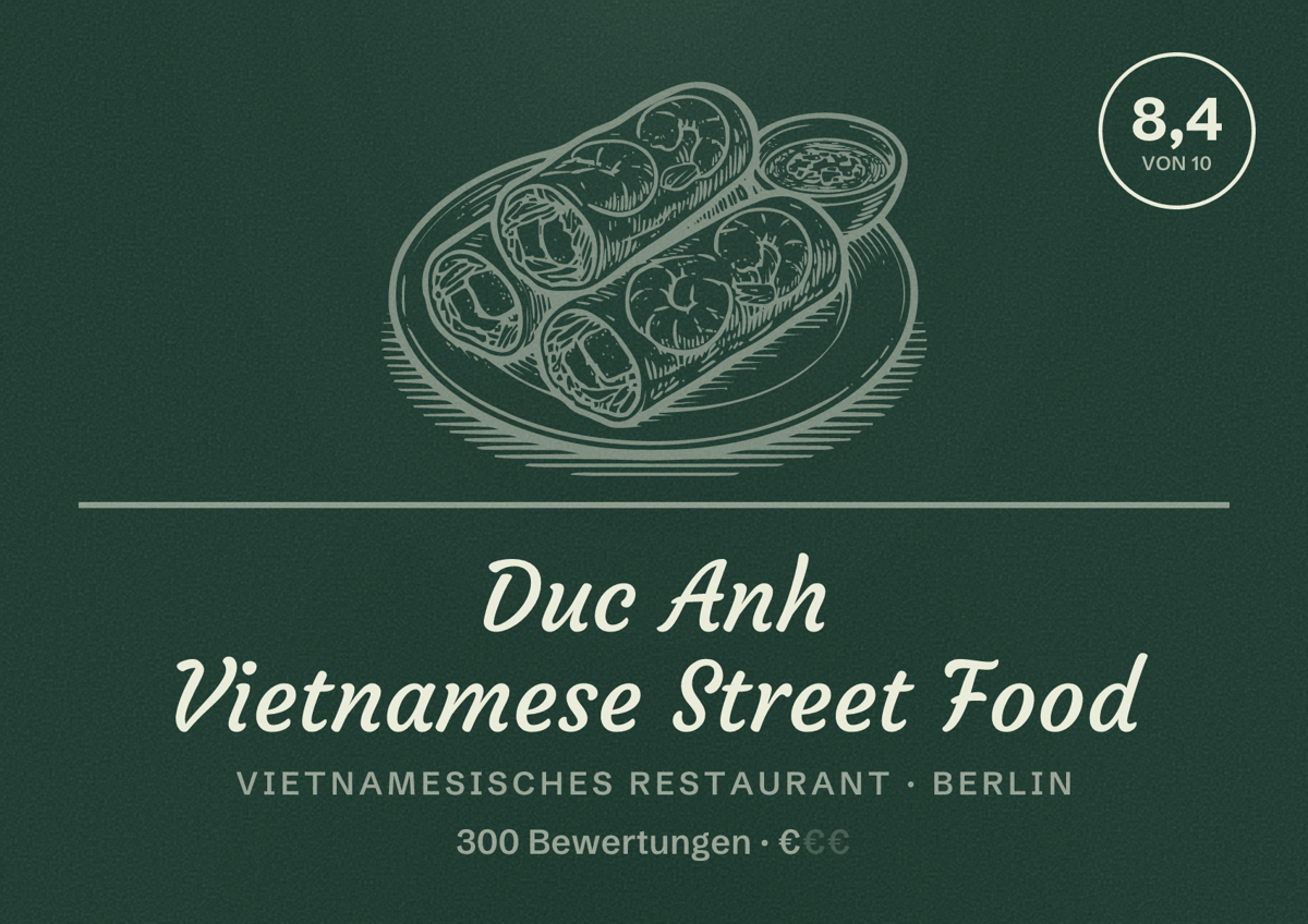 Illustriertes Poster von Duc Anh Vietnamese Street Food, Vietnamesisches Restaurant in Berlin: Bewertung 8,4 von 10 aus 300 Bewertungen, Preisniveau €