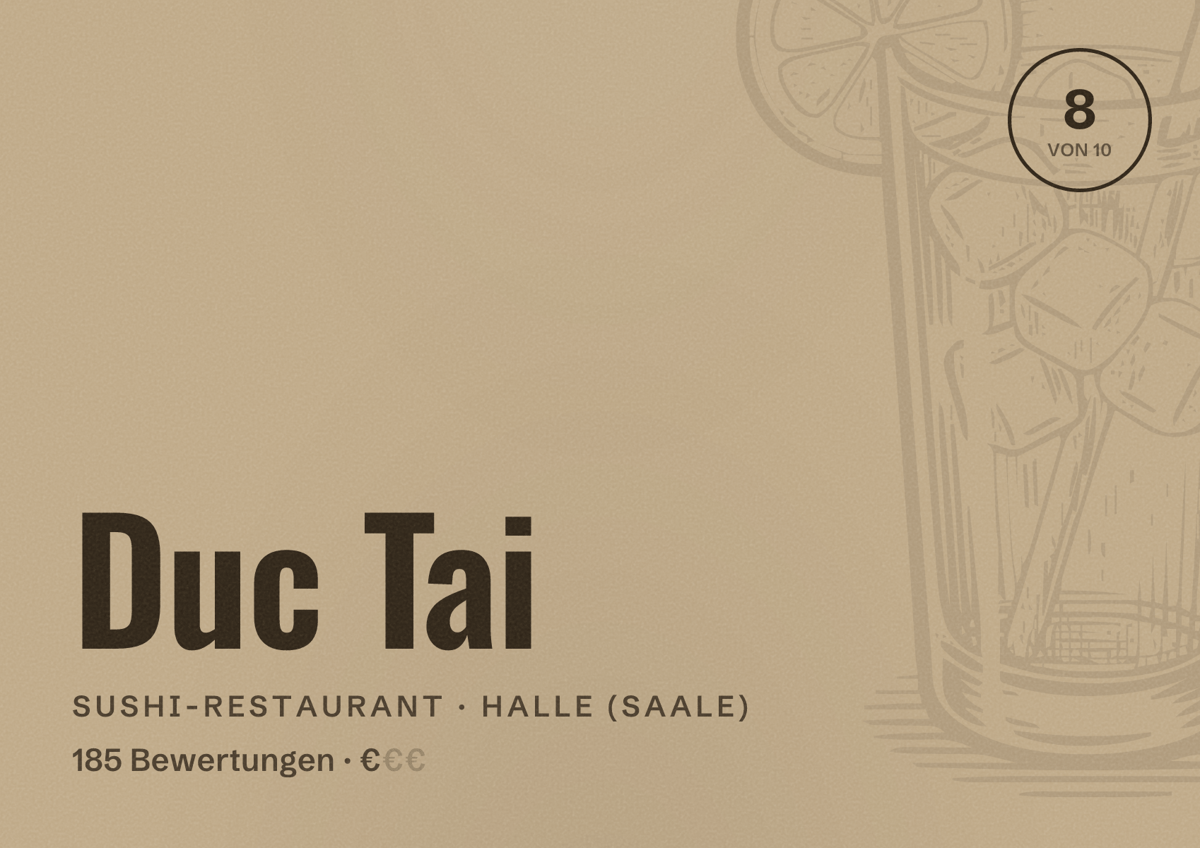 Illustriertes Poster von Duc Tai, Sushi-Restaurant in Halle (Saale): Bewertung 8,0 von 10 aus 185 Bewertungen, Preisniveau €