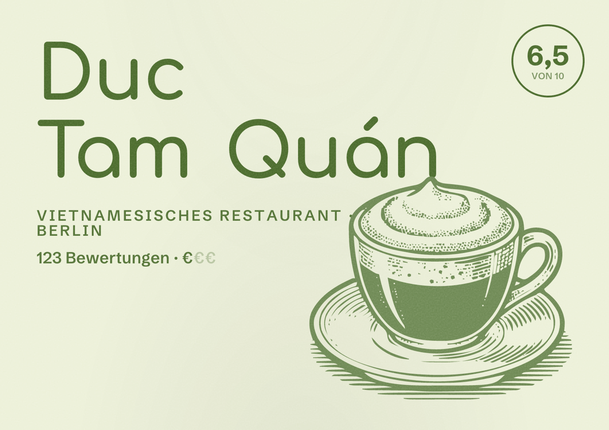Illustriertes Poster von Duc Tam Quán, Vietnamesisches Restaurant in Berlin: Bewertung 6,5 von 10 aus 123 Bewertungen, Preisniveau €