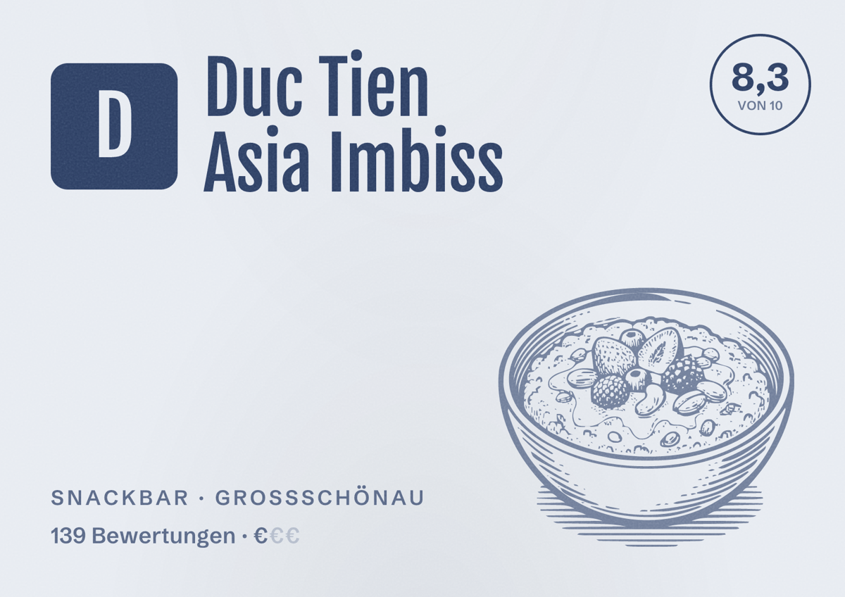 Illustriertes Poster von Duc Tien Asia Imbiss, Snackbar in Großschönau: Bewertung 8,3 von 10 aus 139 Bewertungen, Preisniveau €