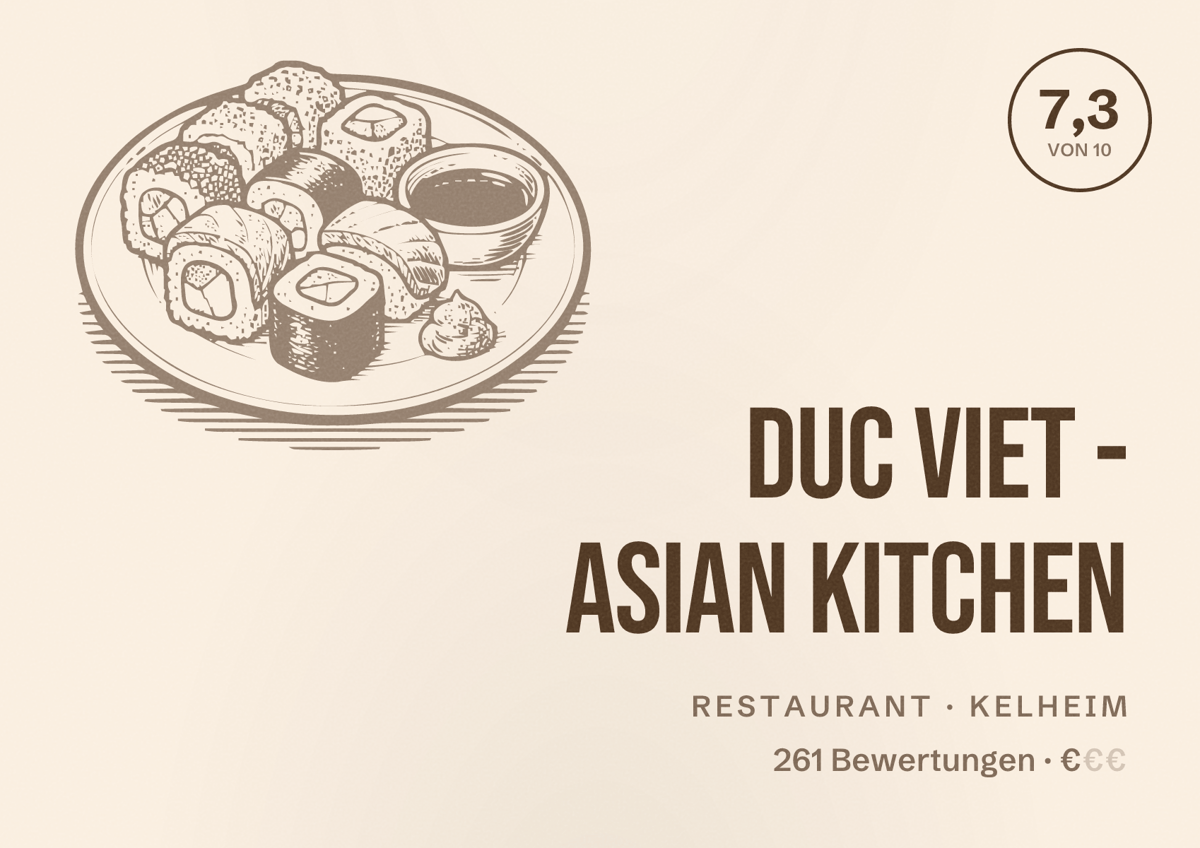 Illustriertes Poster von Duc Viet - Asian Kitchen, Restaurant in Kelheim: Bewertung 7,3 von 10 aus 261 Bewertungen, Preisniveau €