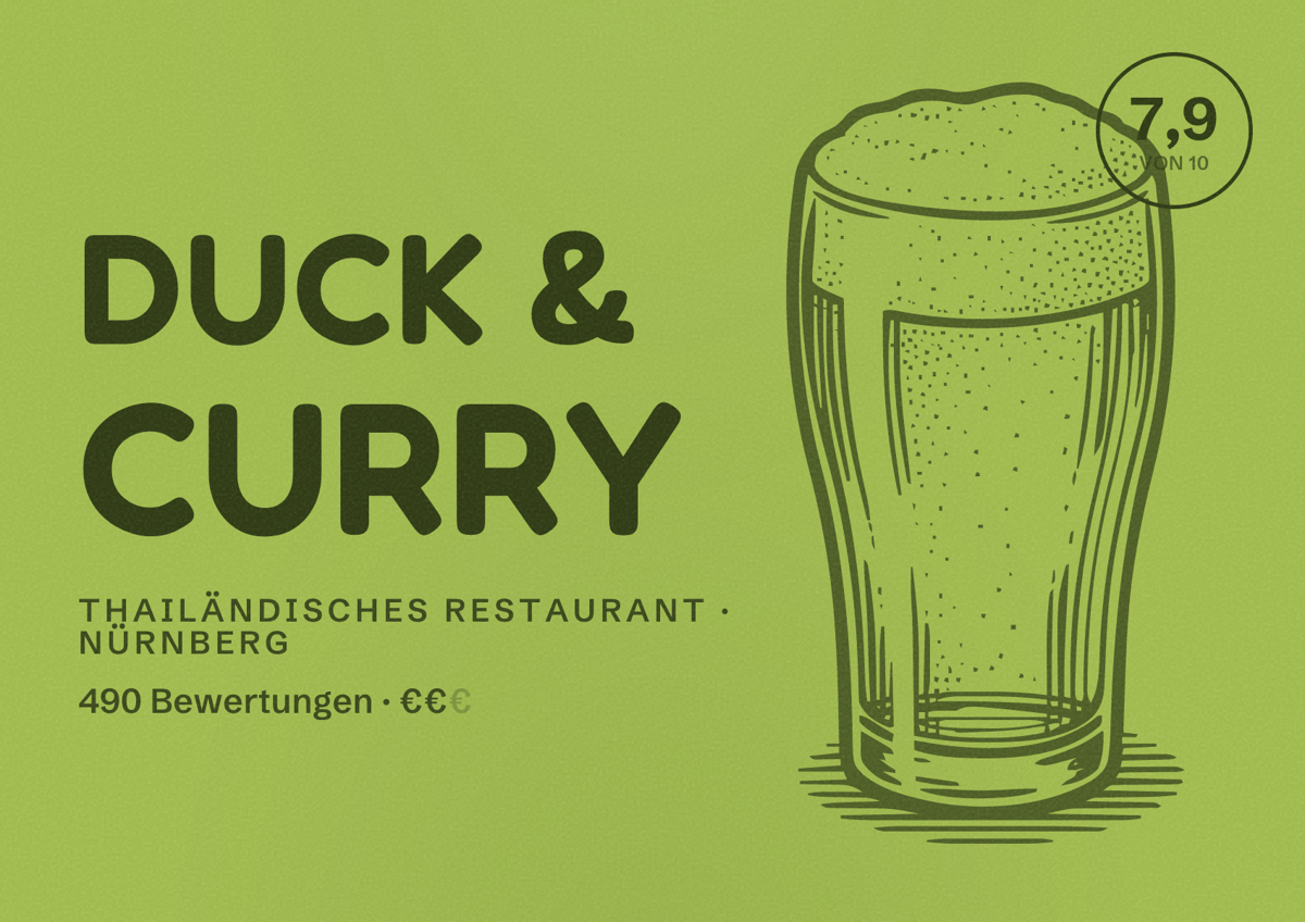 Illustriertes Poster von Duck & Curry, Thailändisches Restaurant in Nürnberg: Bewertung 7,9 von 10 aus 490 Bewertungen, Preisniveau €€