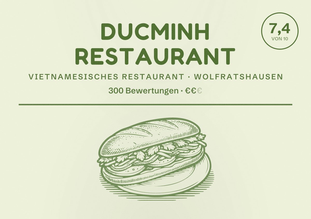 Illustriertes Poster von Ducminh Restaurant, Vietnamesisches Restaurant in Wolfratshausen: Bewertung 7,4 von 10 aus 300 Bewertungen, Preisniveau €€