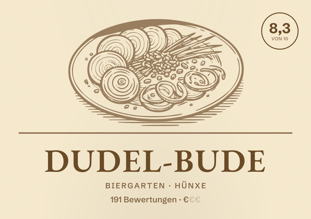Illustriertes Poster von Dudel-Bude, Biergarten in Hünxe: Bewertung 8,3 von 10 aus 191 Bewertungen, Preisniveau €