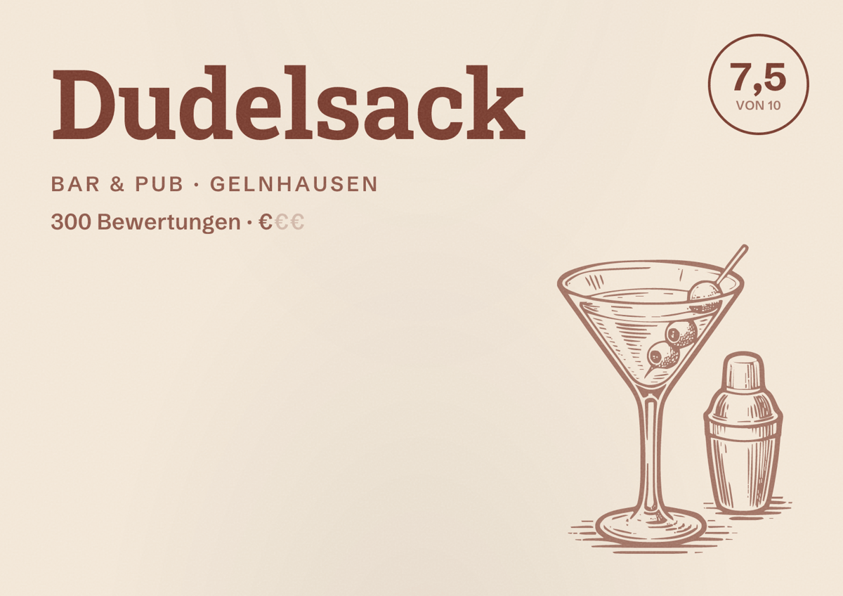 Illustriertes Poster von Dudelsack, Bar & Pub in Gelnhausen: Bewertung 7,5 von 10 aus 300 Bewertungen, Preisniveau €