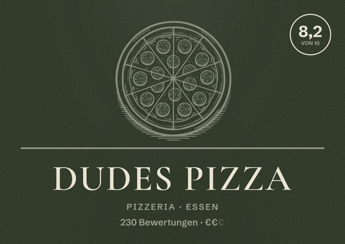Illustriertes Poster von Dudes Pizza, Pizzeria in Essen: Bewertung 8,2 von 10 aus 230 Bewertungen, Preisniveau €€