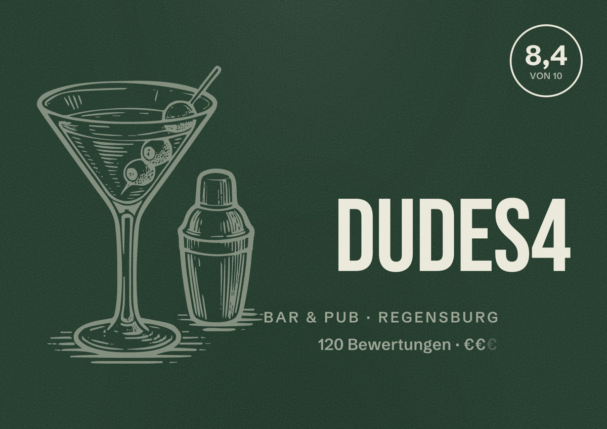 Illustriertes Poster von Dudes4, Bar & Pub in Regensburg: Bewertung 8,4 von 10 aus 120 Bewertungen, Preisniveau €€