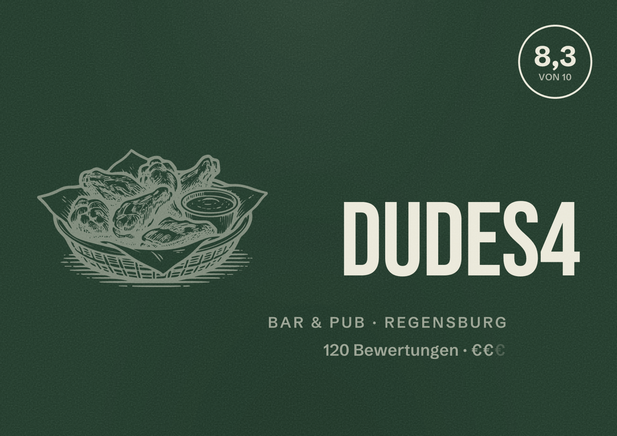 Illustriertes Poster von Dudes4, Bar & Pub in Regensburg: Bewertung 8,3 von 10 aus 120 Bewertungen, Preisniveau €€