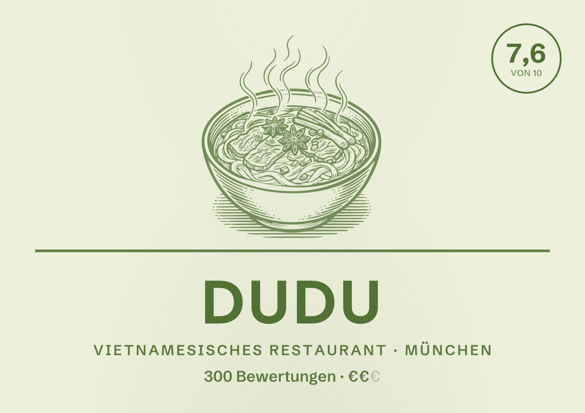 Illustriertes Poster von DuDu, Vietnamesisches Restaurant in München: Bewertung 7,6 von 10 aus 300 Bewertungen, Preisniveau €€
