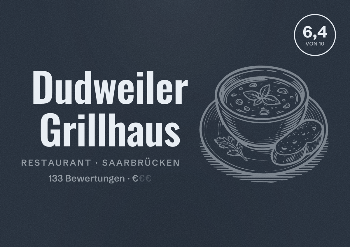 Illustriertes Poster von Dudweiler Grillhaus, Restaurant in Saarbrücken: Bewertung 6,4 von 10 aus 133 Bewertungen, Preisniveau €